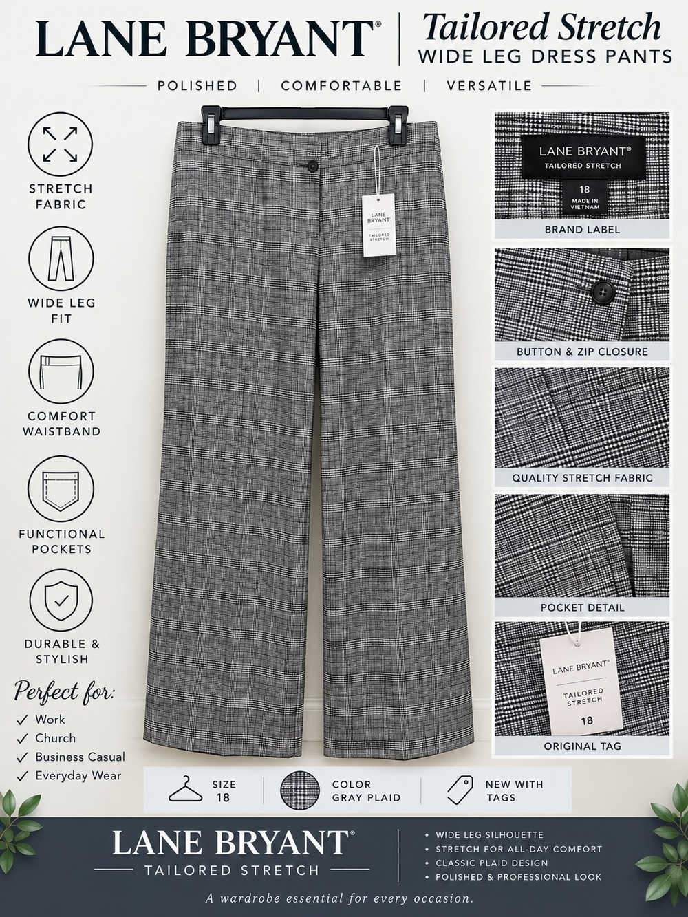 Lane Bryant Gray Plaid Wide-Leg Pants